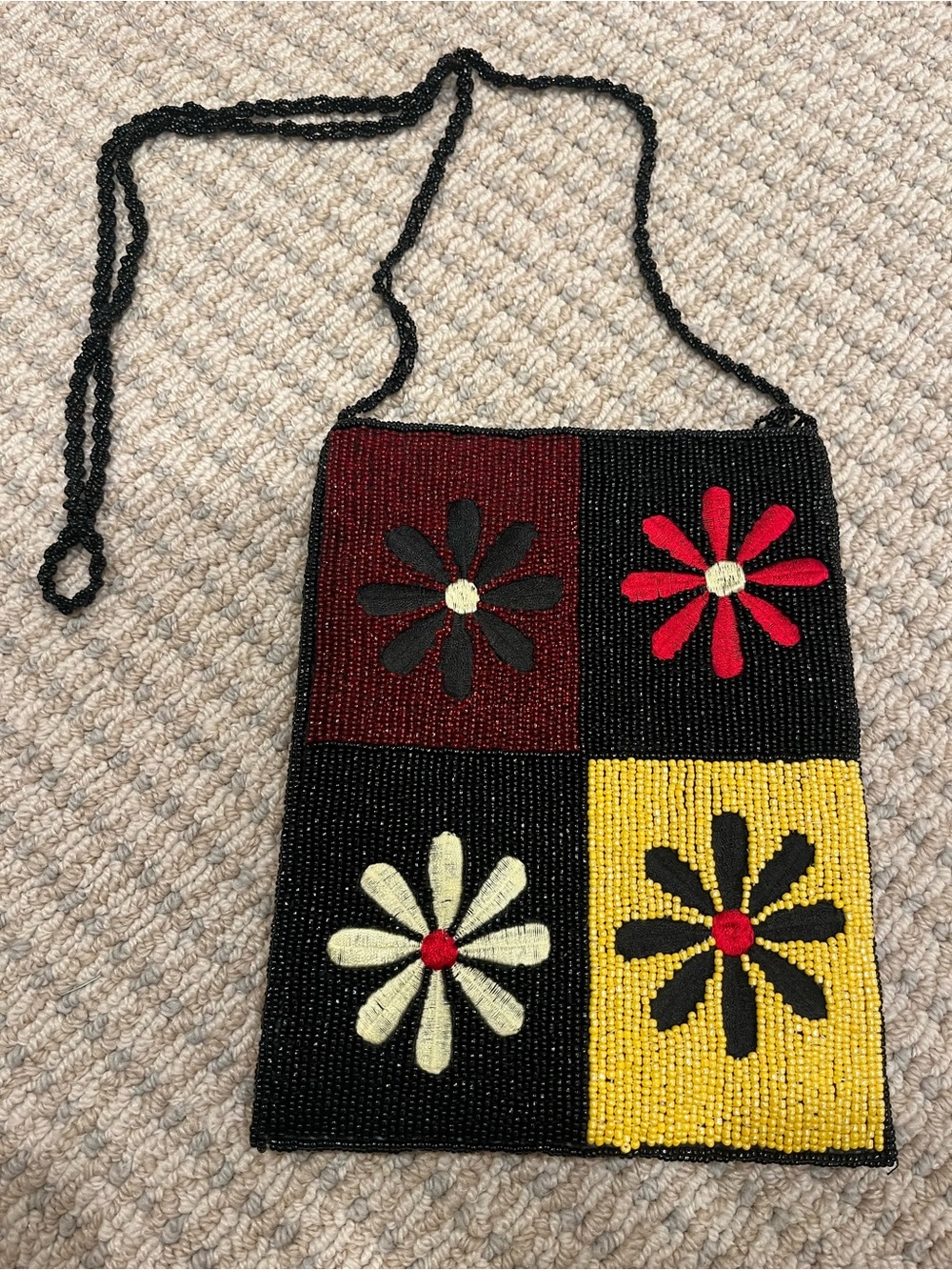 Hand-Beaded Flower Patch Crossbody Bag - Black, Red, Yellow, Cream